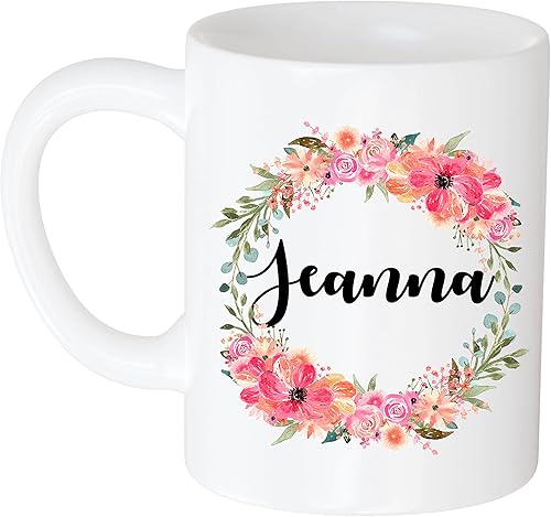 Taza de café personalizada  Regalo para mujeres, nombre personalizado Jeanna Flower and Name 11oz taza blanca 693310