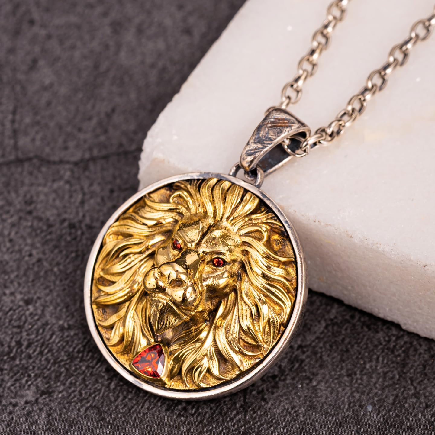 Collana con ciondolo a forma di testa di leone in argento sterling 925 bicolore con zirconia cubica gioielli animali per uomo catena 60cm