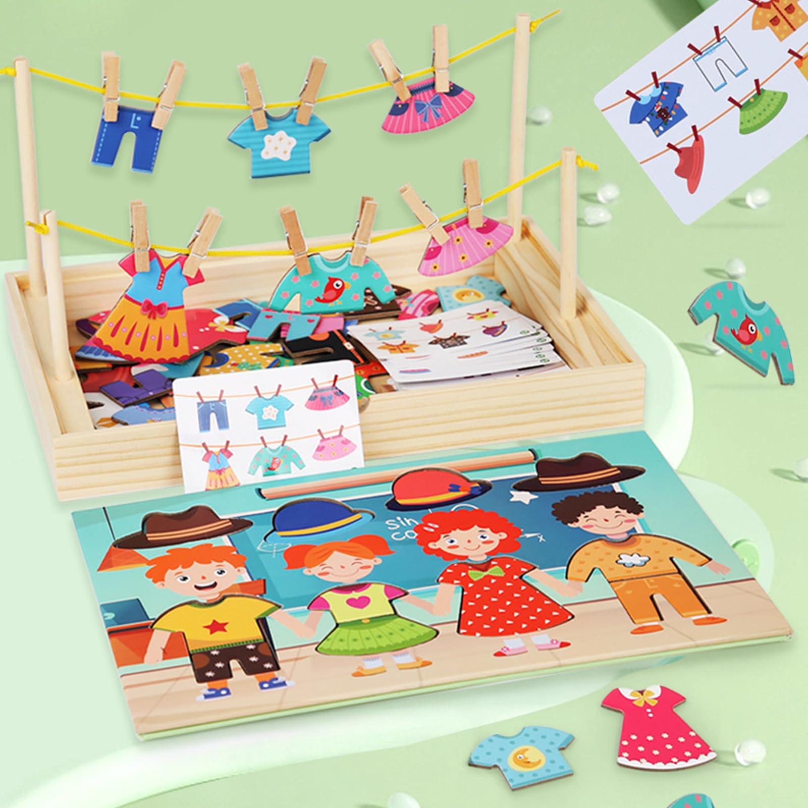 DASHIELL Puzzles en Bois pour Tout-Petits, Jeu d'association pour | Étendoir à Linge, matériel didactique pour l'habillement - de Puzzle d'habillage, de Changement de vêtements,