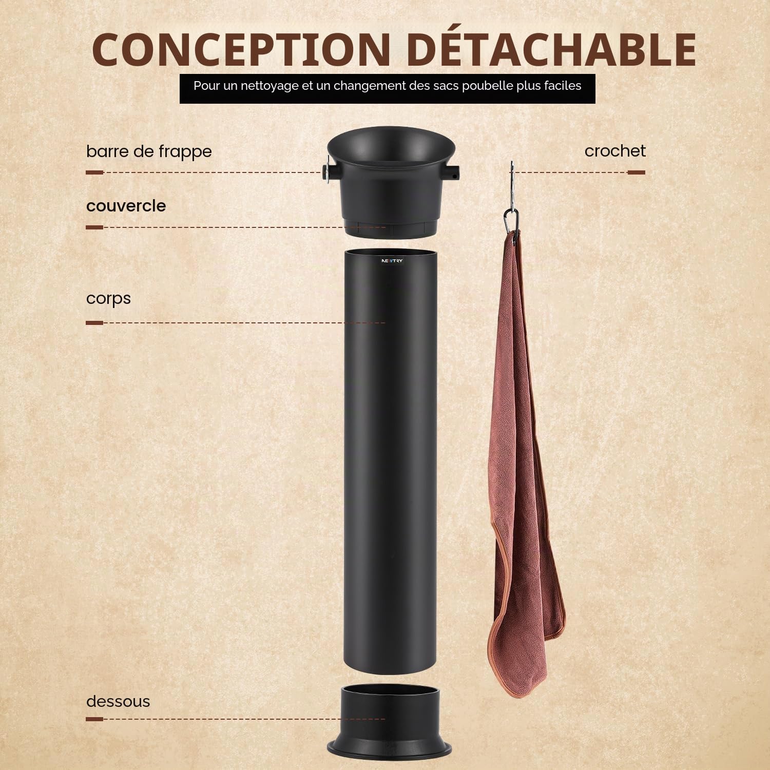 NEWTRY Boîte à Café Commercial, Bac à Marre de Café Expresso - Grande capacité - 19 l - Accessoires pour Barista, Café, Bar avec 30 sacs poubelle, serviettes et brosses de nettoyage
