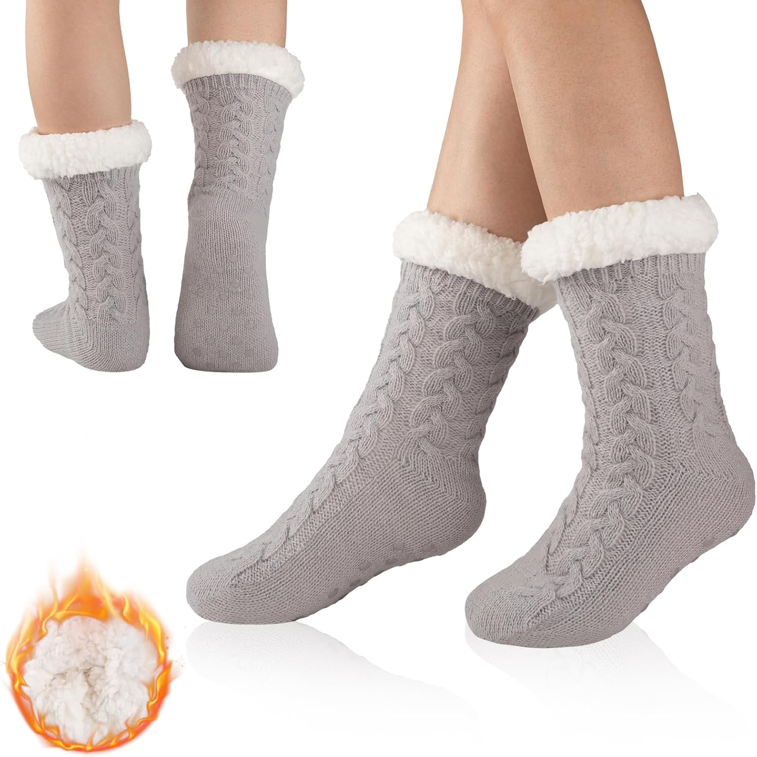 Womens Warm Slipper Socks Winter Knit Fuzzy Cozy Thick Fleece Lined Socks with Grippers Thermal Home Socks