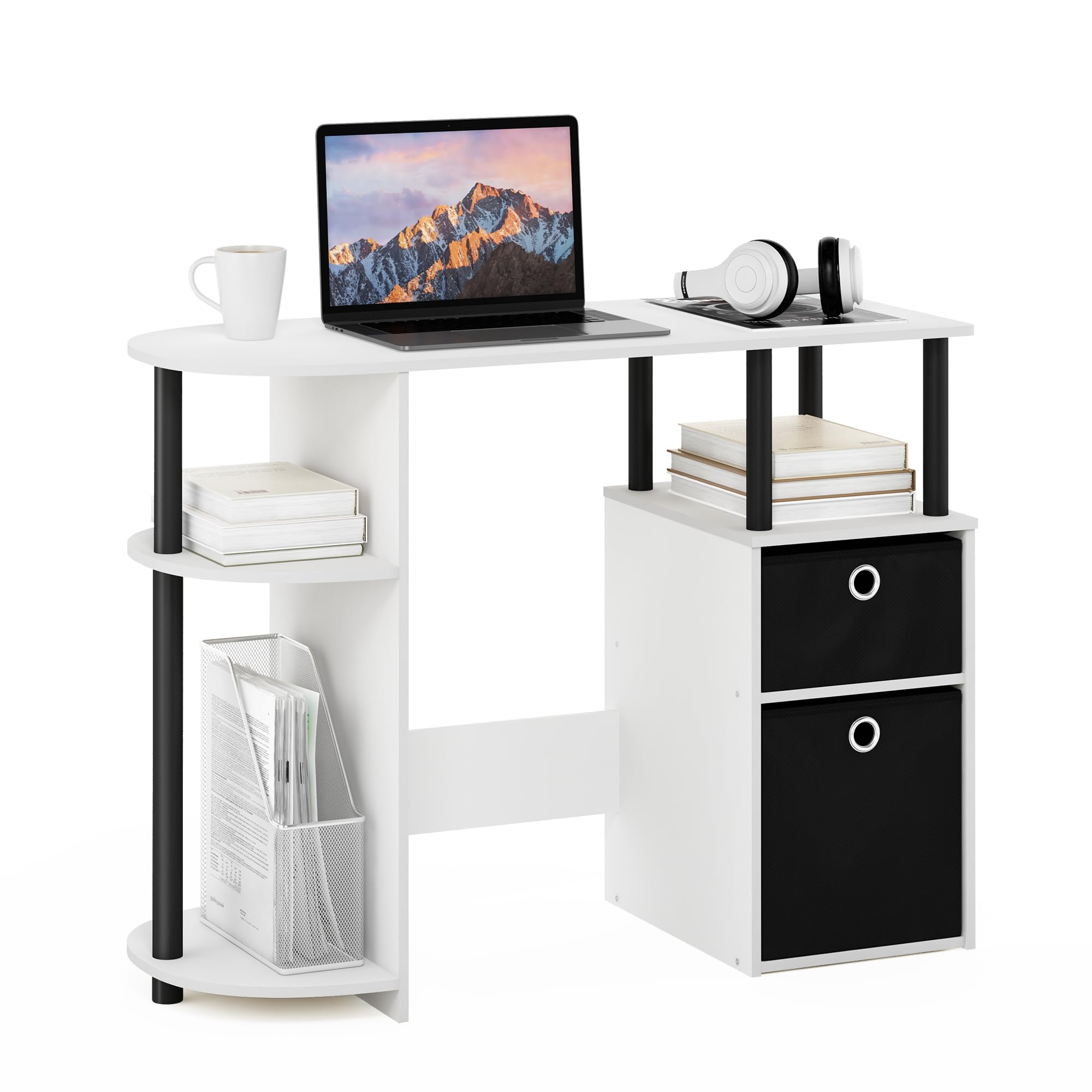 Furinno Jaya Simplistic Computer Study Desk with Bin Drawers, White/Black/Black