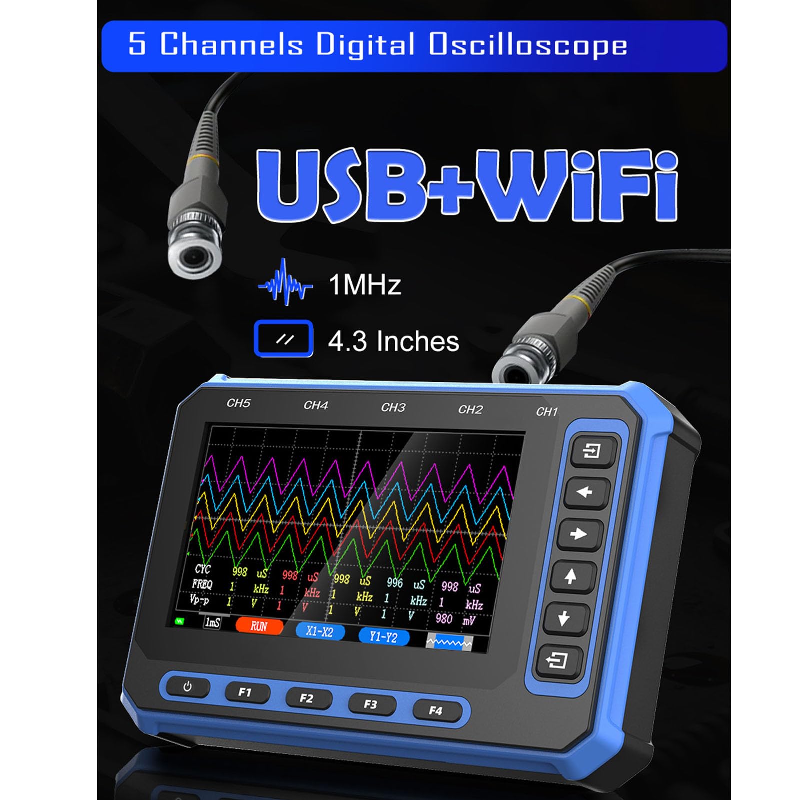 Osciloscopio Portátil de 5 Canales, Ancho de Banda de 1MHz con Pantalla de 4,3 Pulgadas, Analizador de Forma de Onda Preciso para Varios Proyectos