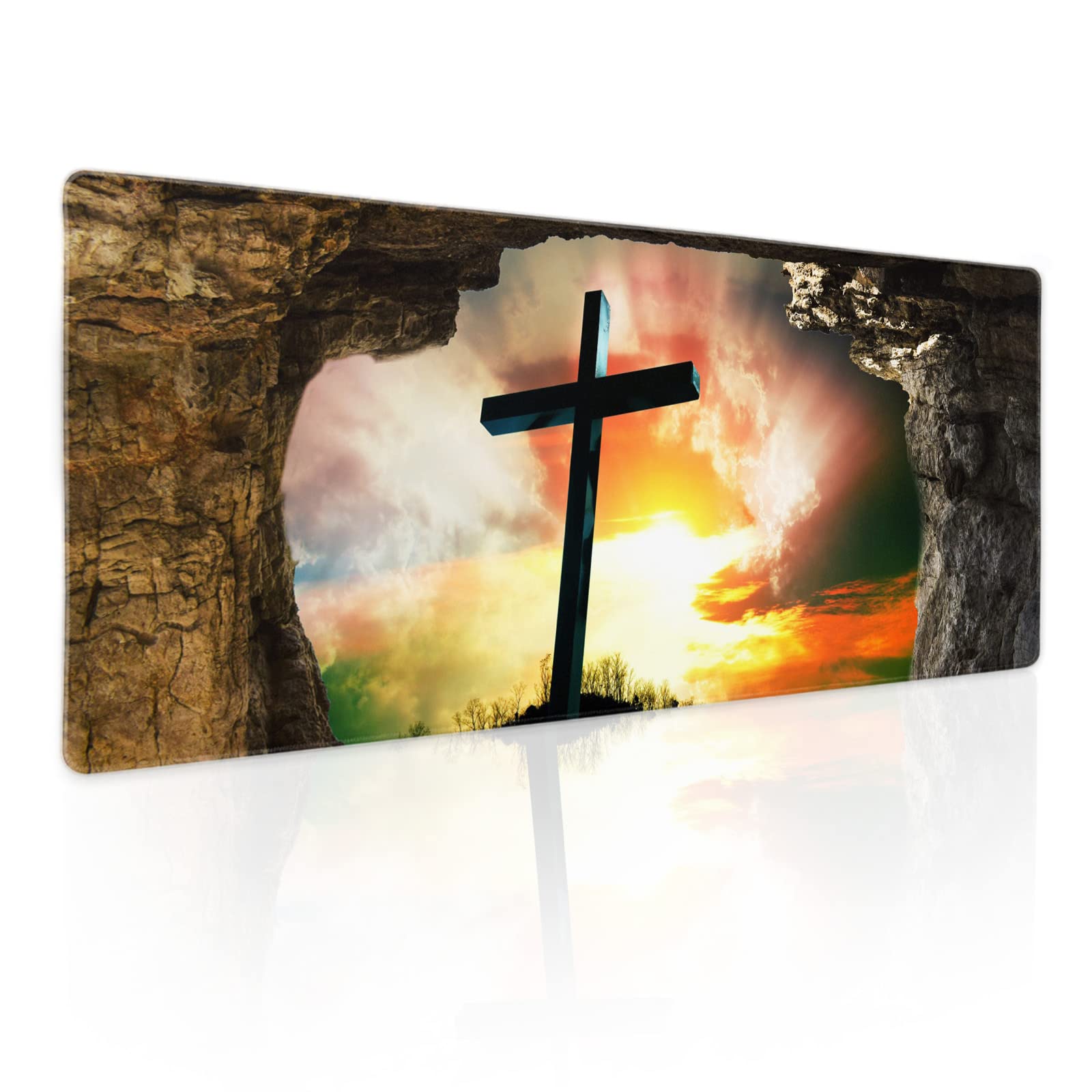 Jesus Cross Hole Gaming Mouse Pad XL Easter Christ Resurrection Faith Extended Big Large Desk Mat Non-Slip Rubber Base Stitched Edge Long Keyboard Mousepad for PC Computer Laptop,31.5×11.8 in — image 1