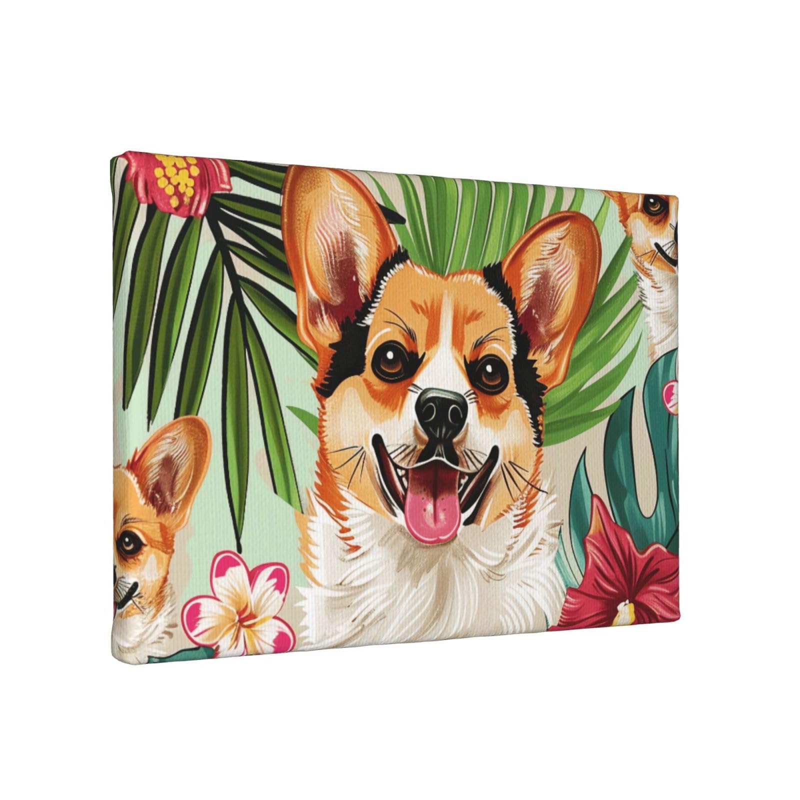 YKLJG tropical flower and corgi Printed Wall Art Canvas Painting 30x20 CM Wooden Framed Picture Painting Artwork Prints for Bedroom Kitchen Home Office Decor