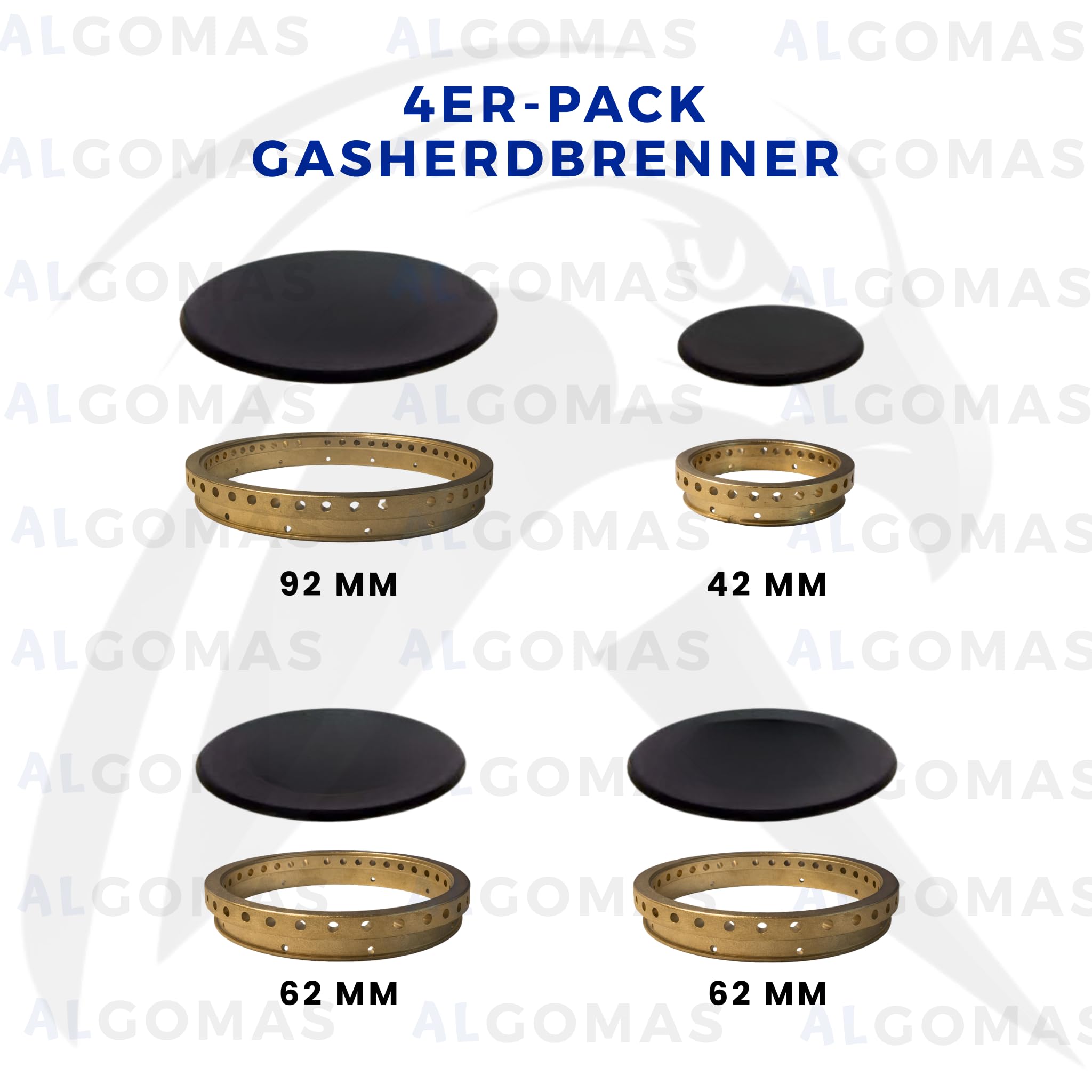 ALGOMAS Universal-Kochfelder für Gasherd, 4 Stück, 92 mm, 62 mm, 62 mm, 42 mm, kompatibel mit Zanussi Nardi Teka Balay Fagor, Ersatz für Gaskochfelder