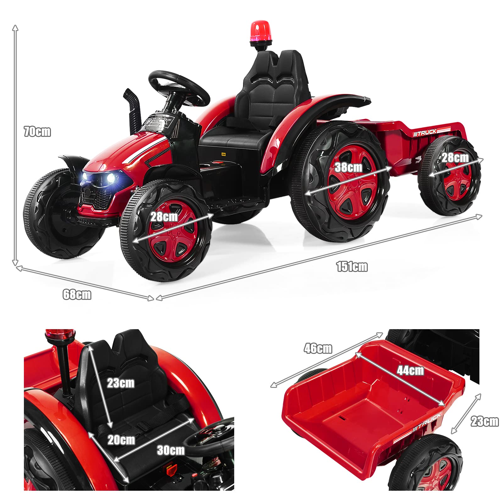 COSTWAY Tractor Eléctrico 12V 7AH para Niños con Remolque, Juguete 3-8 años, Mando 2,4G, Arnés Seguridad 2 Puntos, Faros, Música, USB (Rojo)
