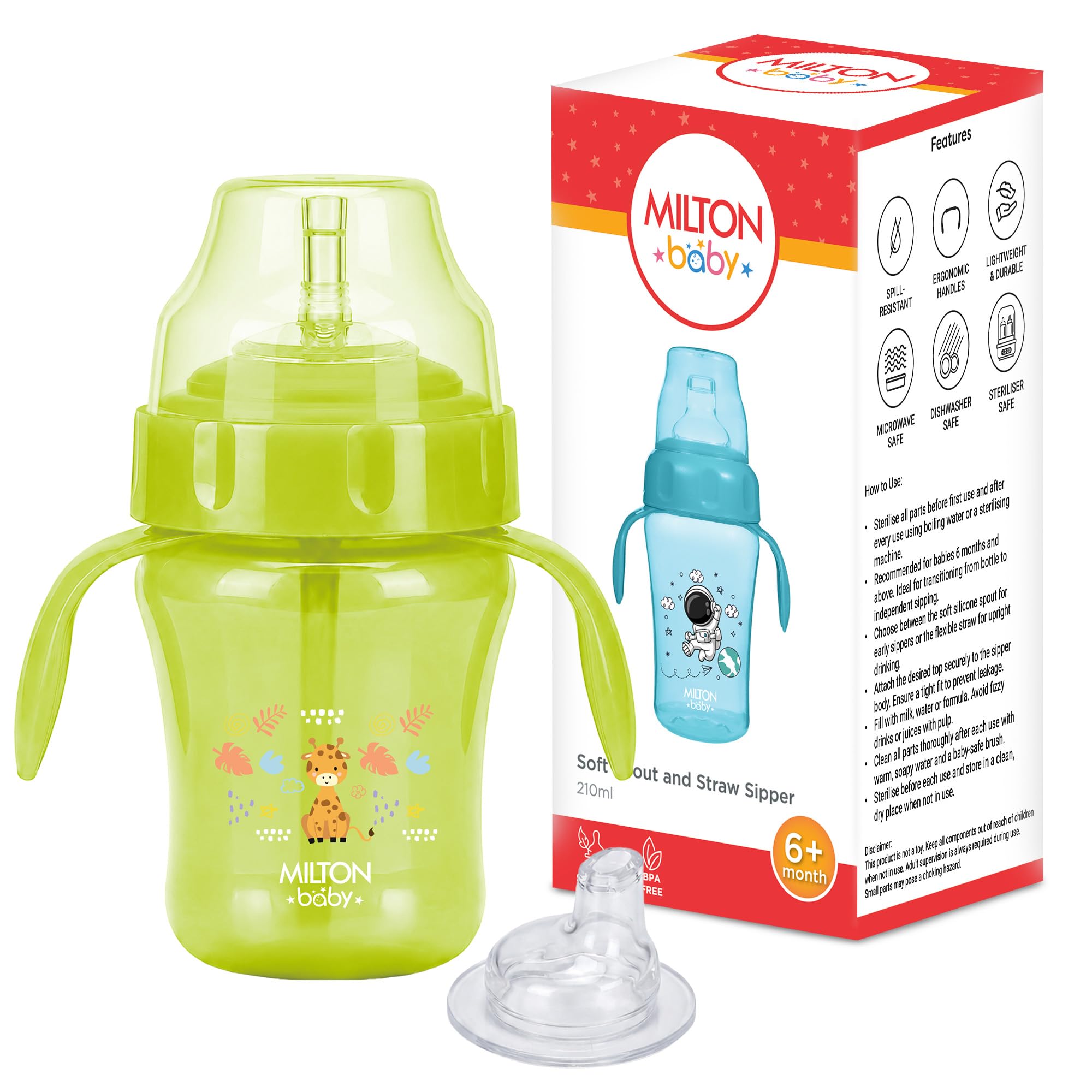 MILTON baby 2-in-1 Silicone Straw & Spout Mouth Sipper Water Bottle for Kids | 100% Food-Grade I BPA-Free | Spill-Resistant I Ergonomic Handle I Sterilizer Safe Sippy Cup I GreenI 210ml-image-2
