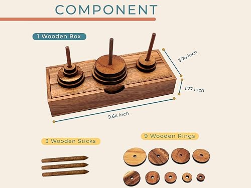 Miniatura 8 de BSIRI Divertidos juegos de mesa de rompecabezas de la torre de Hanoi (9 anillos) con diseños de madera para rompecabezas cerebrales, juegos de