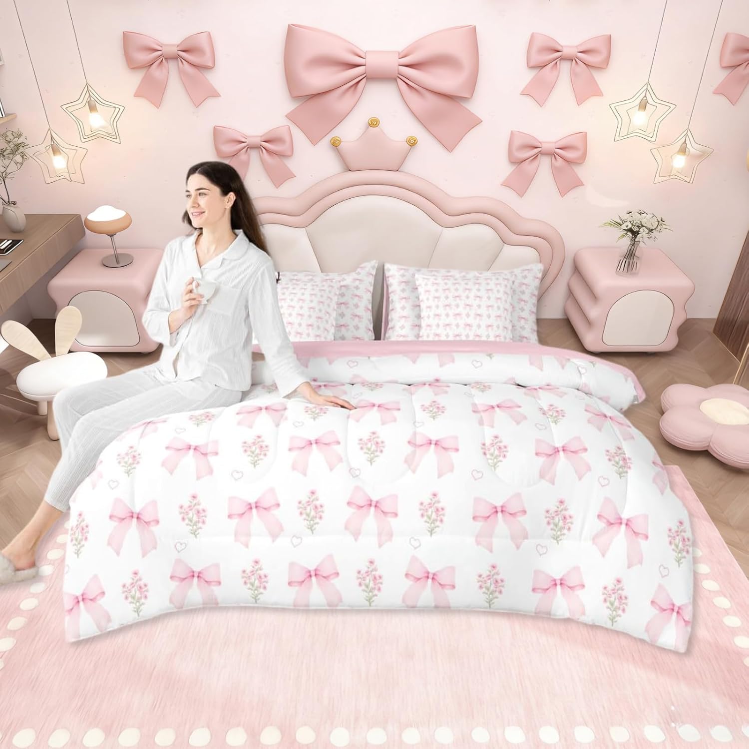Erosebridal Bow 7 Piece Comforter Set Twin Bed in a Bag for Girls Kids,Girly Pink Floral Coquette Bedding Sets for Child Bow Ribbon Heart Shaped Quilt Dreamy Princess Style Sheet Set with Comforter - Image 5