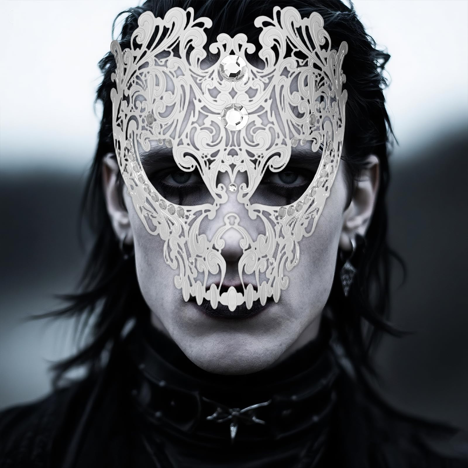 JewelryWe Masquerade Mask for Women: Halloween Metal Skeleton Mardi Gras Rhinestones Gothic Skull Masks for Cosplay Party - Image 4