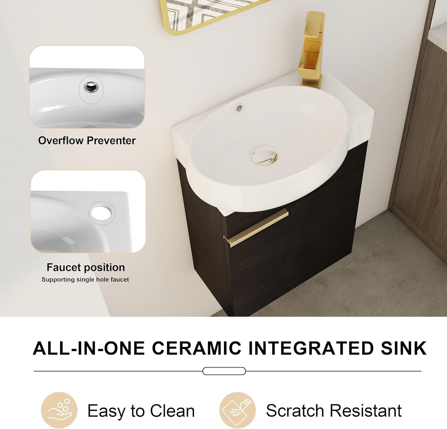 16" Wall Mounted Bathroom Vanity with Sink, Modern Floating Cabinet with Ceramic Basin&Soft Close Door, Bathroom Vanity Storage Cabinet Set for Small Bathroom