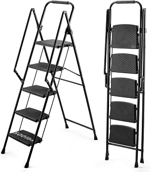 5 Step Ladder, Lightweight Aluminum Folding Step Stool Ladder with Anti-Slip Pedal & Handrails, Portable Sturdy Steel Ladder for Home Kitchen Library Office, 500 lbs Load Capacity,5 step ladder
