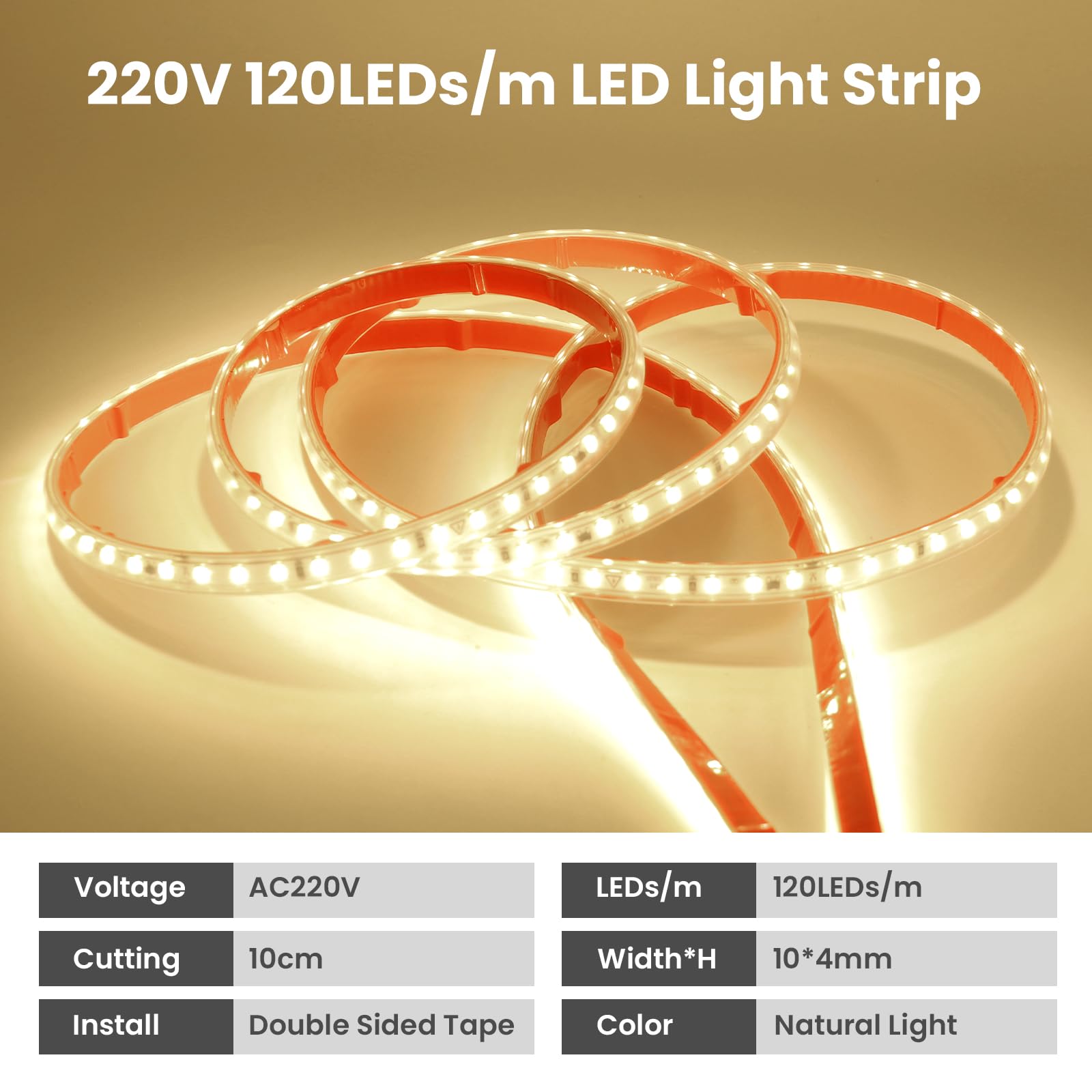 Conexión a AC220-240V Tira de LED,120LEDs/m SMD2835 Flexible Superbright Tira de luz LED cadena de luz de cuerda Autoadhesiva con enchufe para Navidad（5m, Blanco Natural）