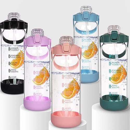 Miniatura 7 de Botella de agua de vidrio de 48 onzas con popote y marcador de tiempo, botella de vidrio de borosilicato motivacional grande con funda y funda de