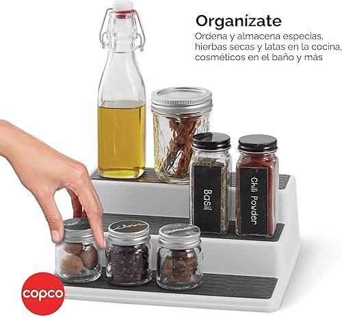 Miniatura 8 de Copco Organizador de especias de 3 niveles para armario o despensa, estante escalonado antideslizante de 10 pulgadas, diseño blanco/gris que