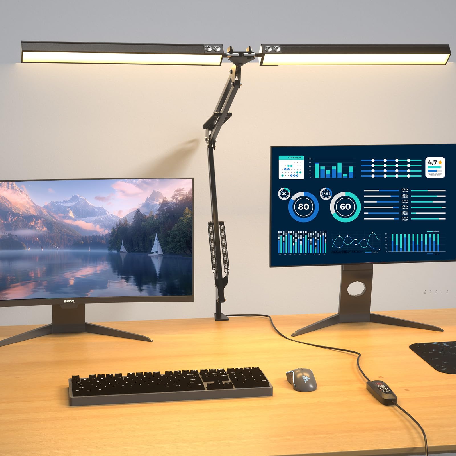 Lustaled LED Desk Lamp with Clamp, 2000LM 20W Dual Head Clip on Desk Lamps for Home Office, 3 Colour & 10 Brightness, Dimmable Monitor Light Plug in for Study, Reading, Drawing, Black
