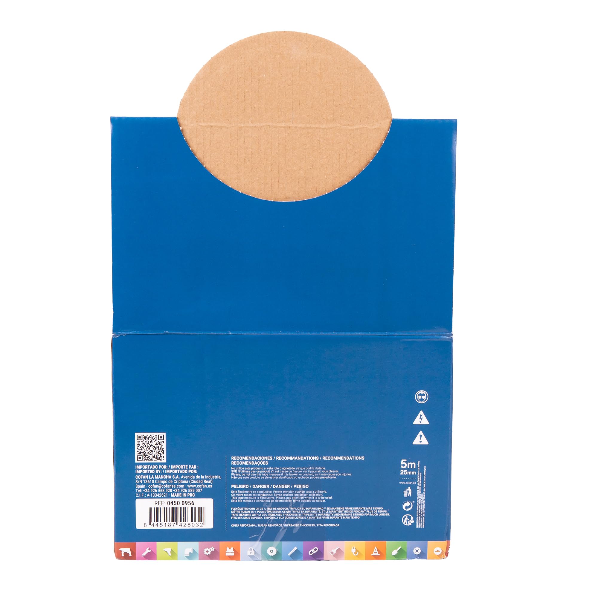 Cofan Cofan - Espositore per flessometri con blocco a lama, include 12 flessometri | Flexometro 5 m x 25 mm (foglia) | Misura espositore: 22 x 28 x 15,5 cm