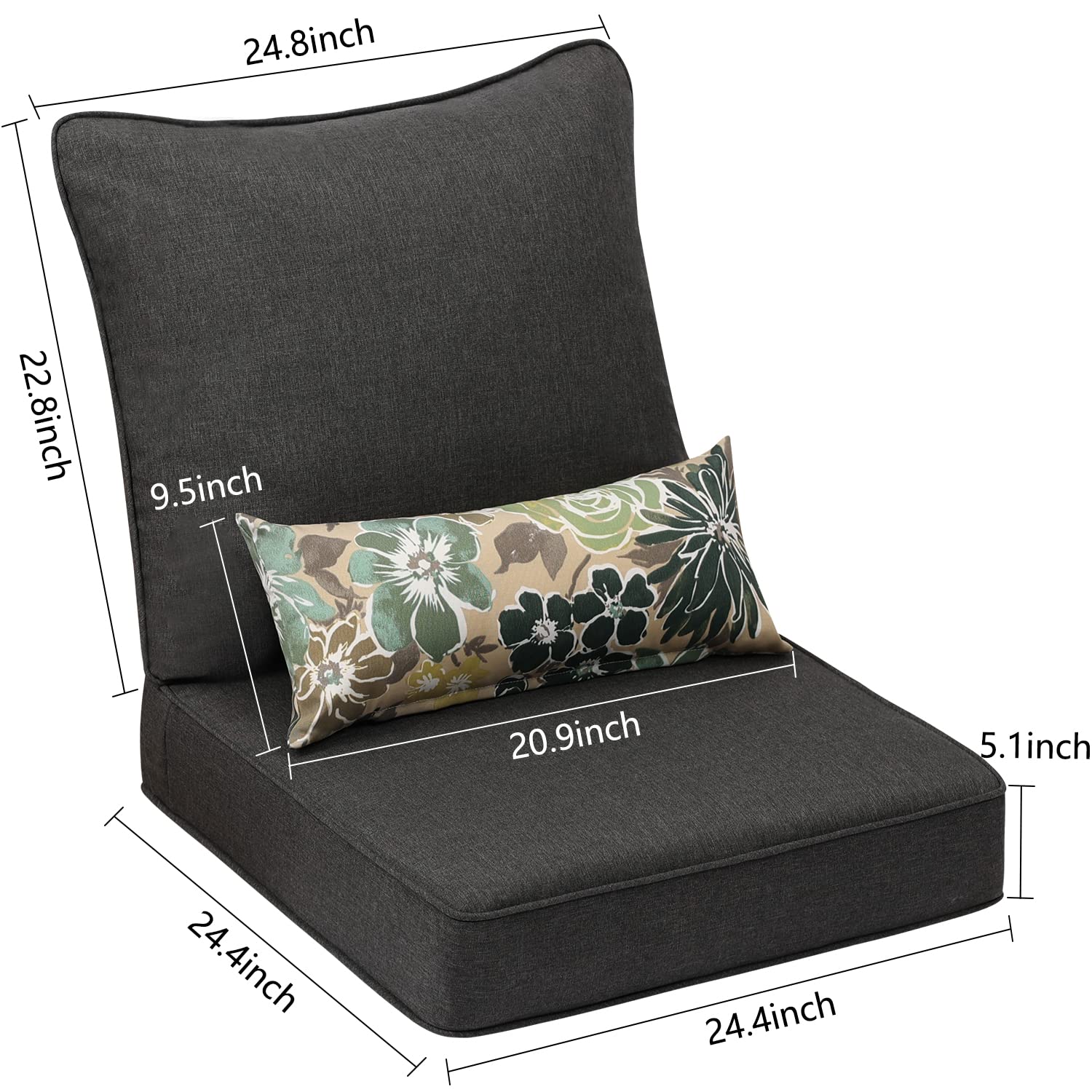 Aoodor 24'' x 24'' Outdoor Deep Seat Chair Cushion Set?Olefin Fabric Slipcover and Sponge Foam- Charcoal (Set of 2 Seats, 2 Backs, 2 Pillows)