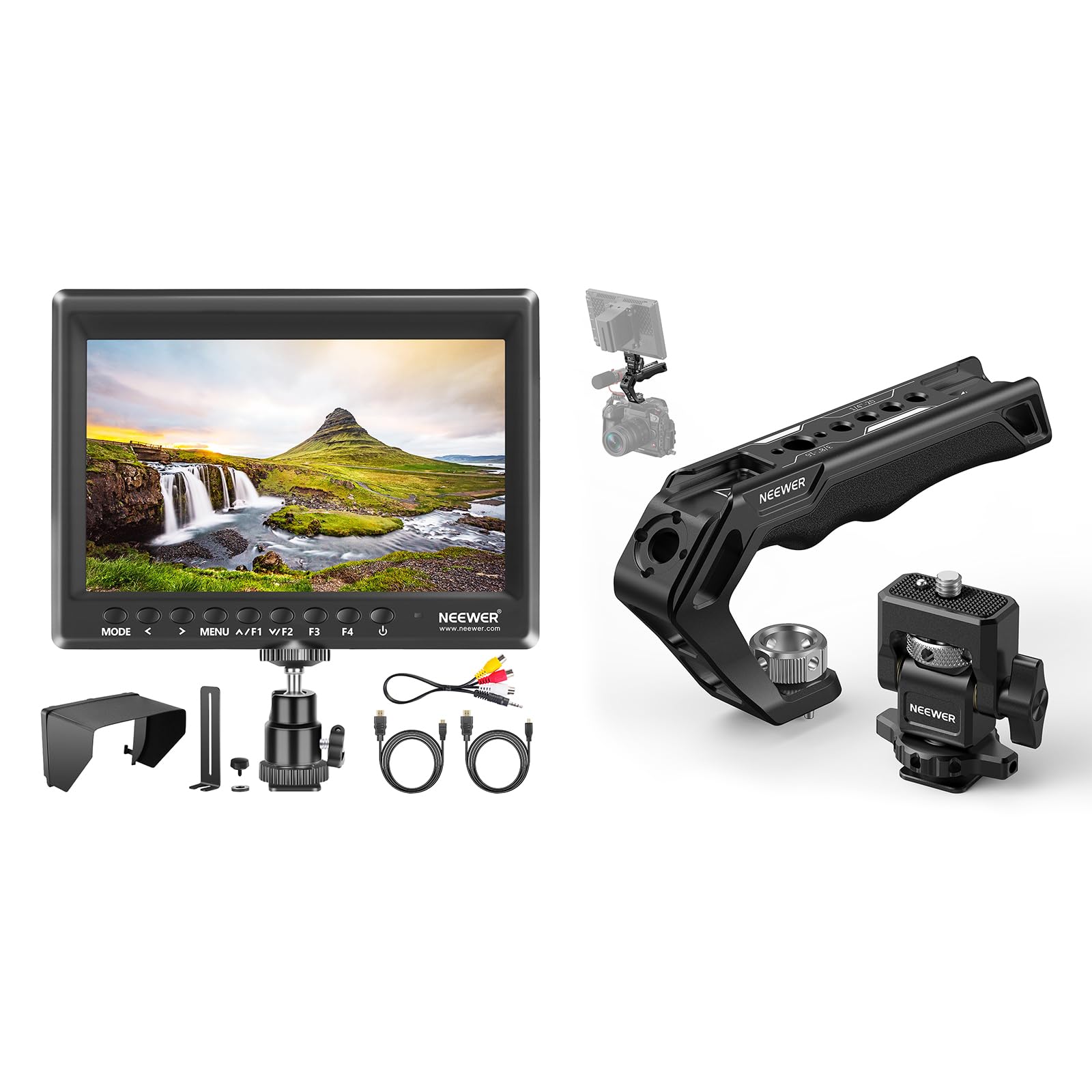 Neewer F100 7inch Camera Field Monitor HD Video Assist IPS 1280x800 HDMI Input 1080p with Sunshade and Ball Head for DSLR Cameras, CA007 Top Handle + MA006 Monitor Mount Set Included