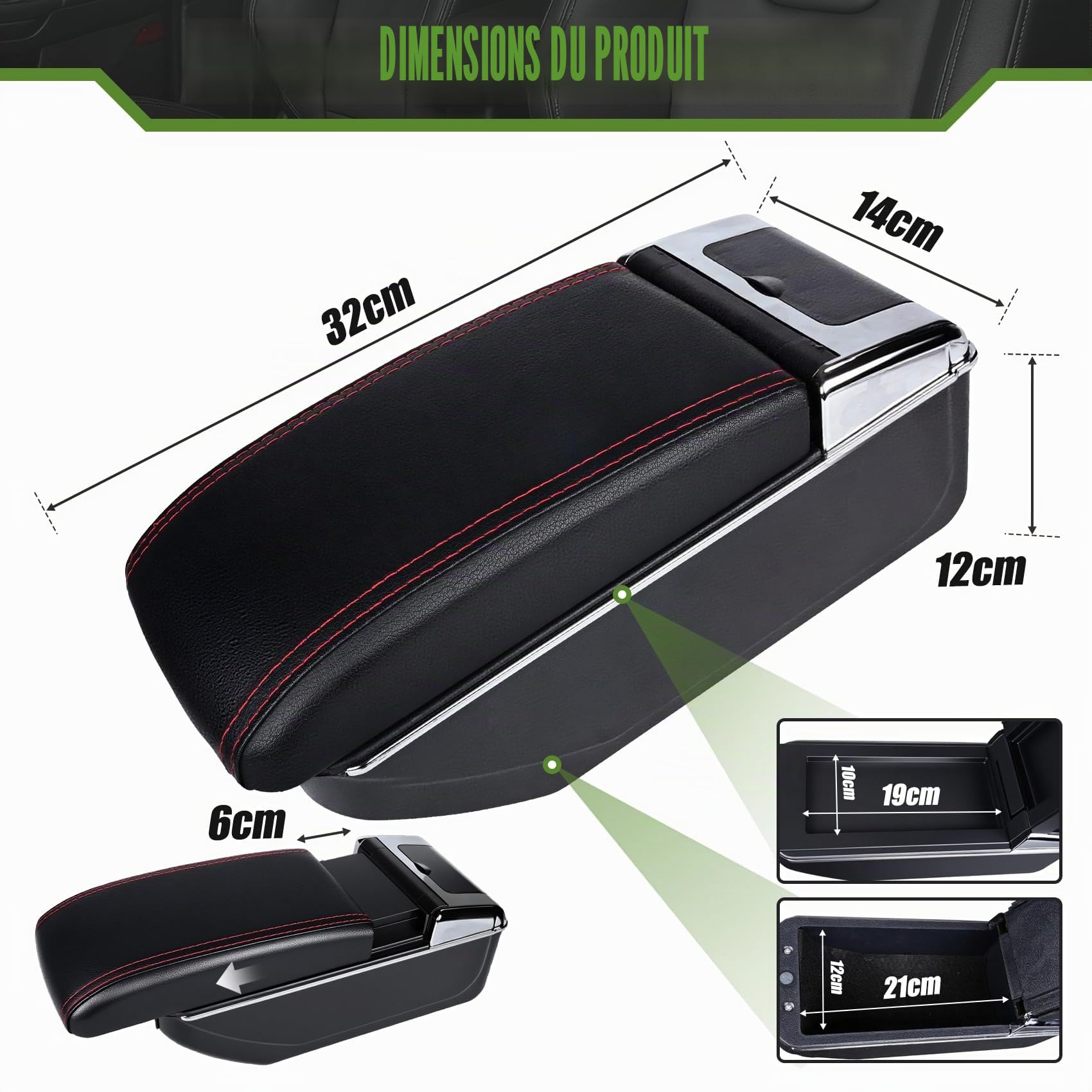Accoudoir Centrale pour Citroen Berlingo, Rangement Intégré, Cuir Noir, Facile à Installer, Accessoire Intérieur Voiture