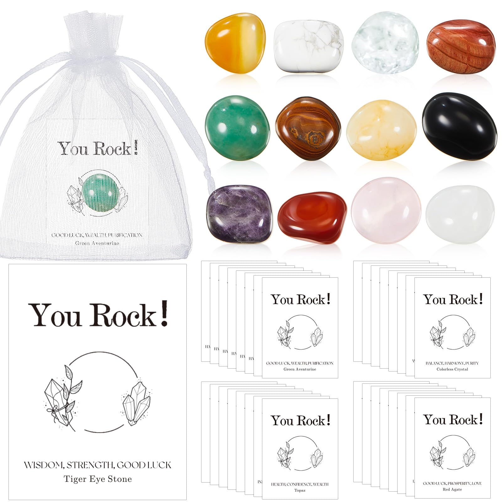Teenyyou 12 Sets Inspirational You Rock Employee Appreciation Gifts Crystal Healing Stone with You Rock Cards Organza Bag Bulk for Teachers Coworkers