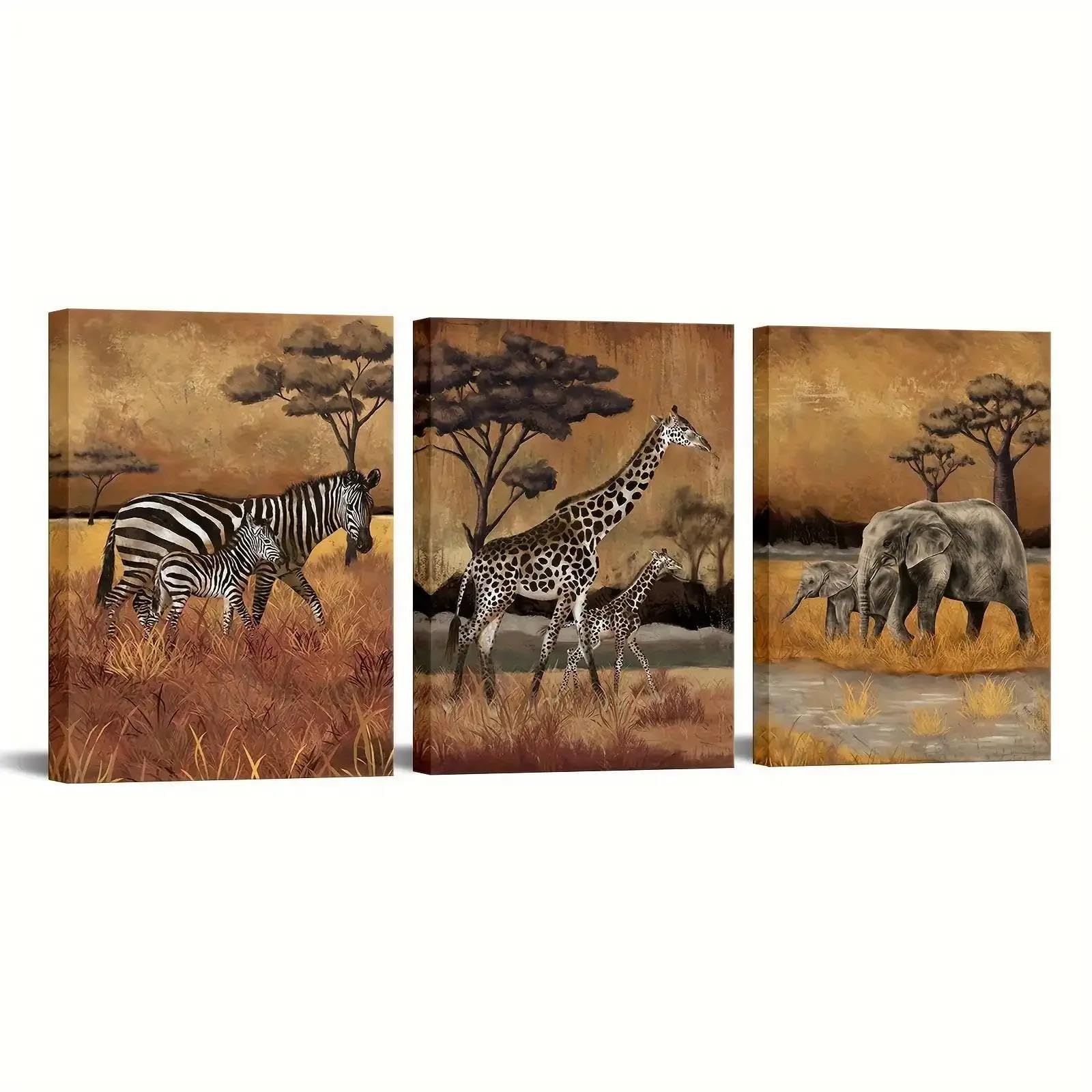 Yocheng 3pcs Art Print Decorative Painting,Wall Decorative Canvas Art, 2D Flat, Zebra, Giraffe, Elephan 50x70cmx3 No Frame
