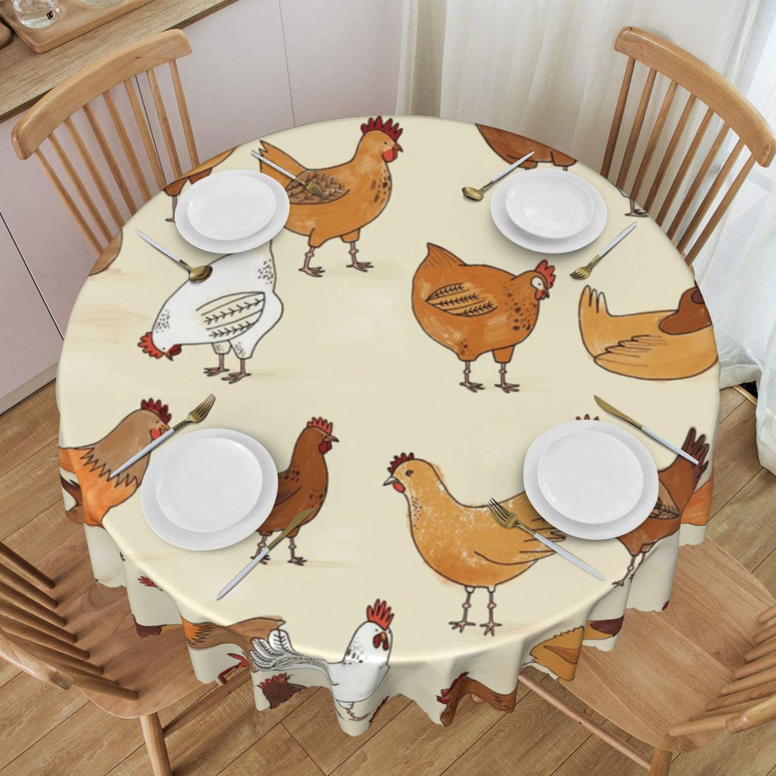 DCEHGEW 60 In Round Tablecloth with Lace, Chicken Pattern Printed Oilproof & Washable Fabric Picnic Table Cloth Table Covers