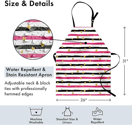 Miniatura 4 de Lunarable Delantal para el día de San Valentín, romántico letrero de amor para adolescentes, corazones en líneas de rayas grunge, babero de cocina