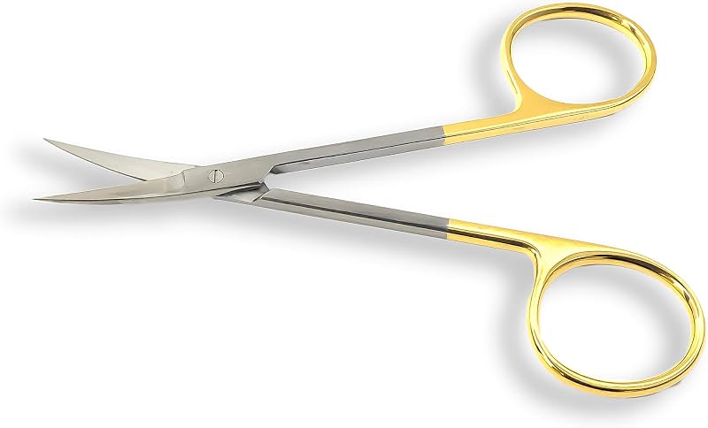 TC Iris Micro Dissecting Scissors with Tungsten Carbide Inserts and Gold Rings - Premium Quality - Perfect for Fine Precision Tissue Dissection, Suture Removal (4.5 in. - Curved Blades)