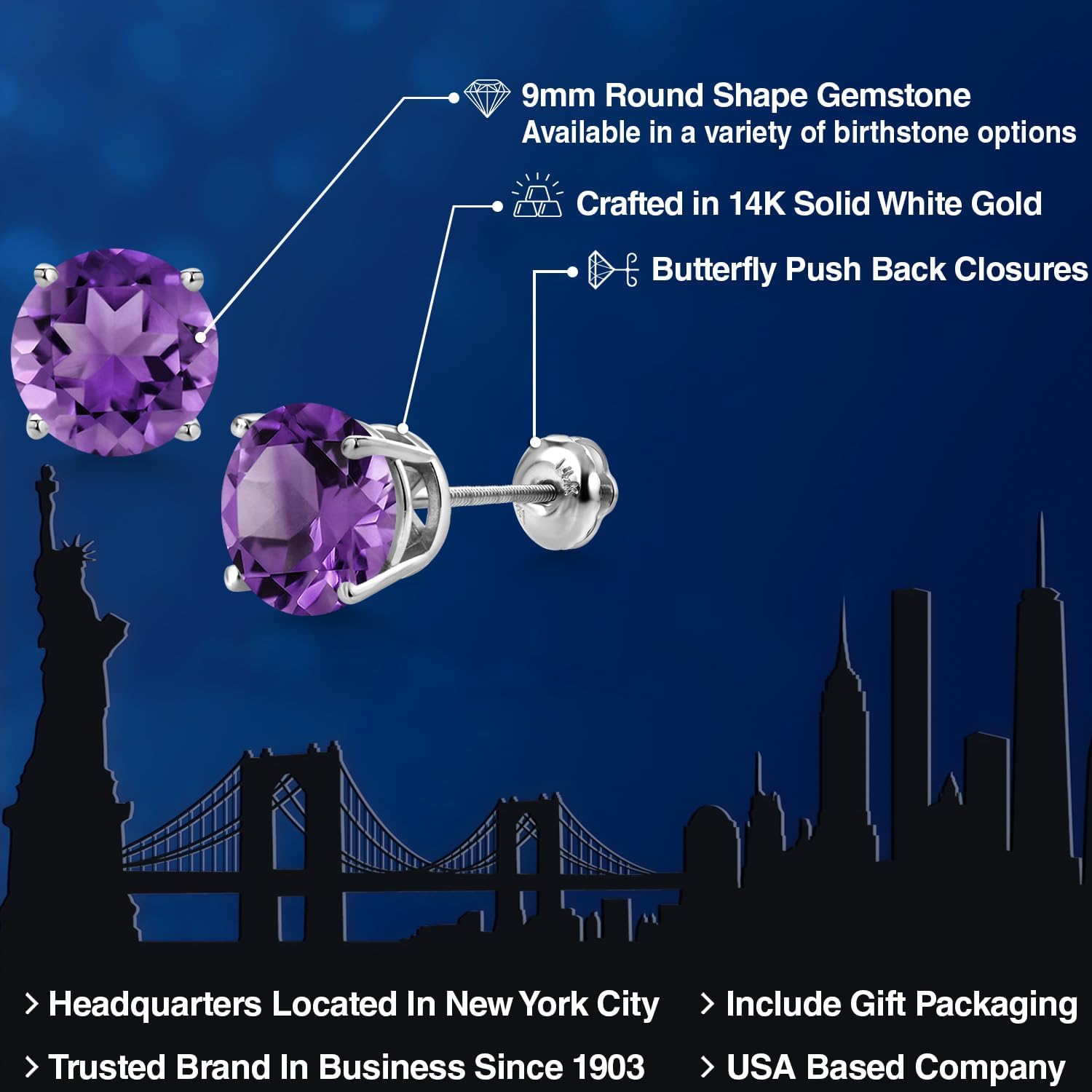 Gem Stone King 14K White Gold Purple Amethyst Stud Earrings for Women | 4.20 Cttw | Gemstone February Birthstone | Round 9MM - Image 2