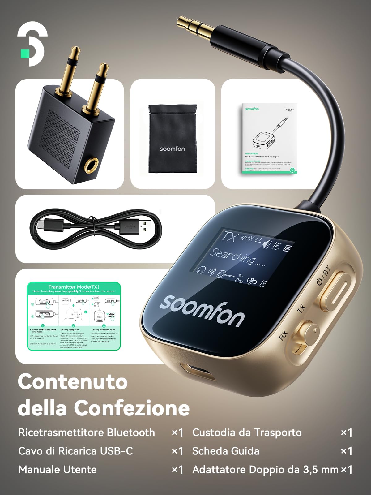 SOOMFON 2 in 1 aptX Trasmettitore Ricevitore Bluetooth Adattatore Bluetooth | Trasmettitore Bluetooth Jack 3.5mm Adattatore Bluetooth per TV Aereo Auto Impianto Stereo Ricevitore a 23 Ore di Autonomia