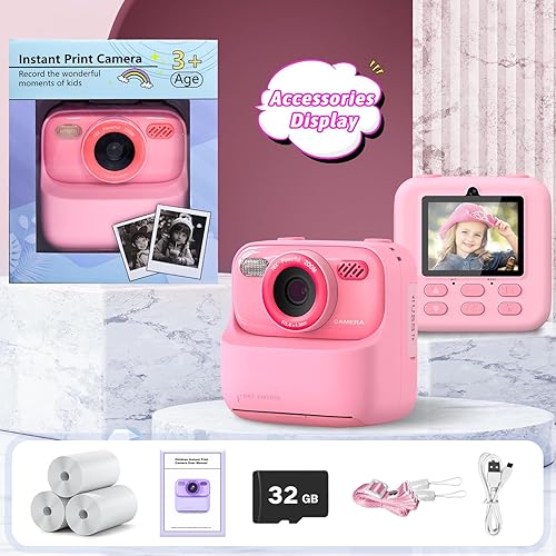 Miniatura 7 de Cámaras digitales instantáneas para niños y niñas, cámara digital selfie HD de doble lente 1080P con papel de impresión y tarjeta de 32G, regalos de