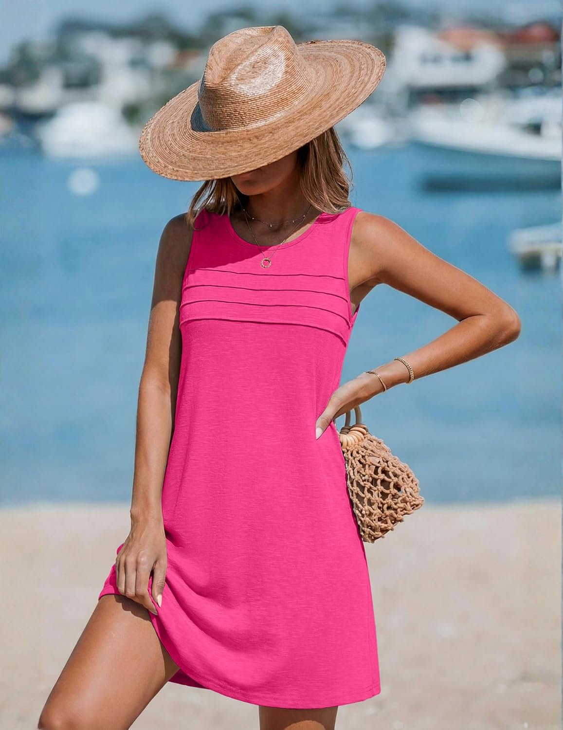 Ekouaer Womens Swimsuit Cover Up Pleated Front Bathing Suit Coverups 2026 Casual Tank Beach Dress with Pockets S-2XL - Image 2