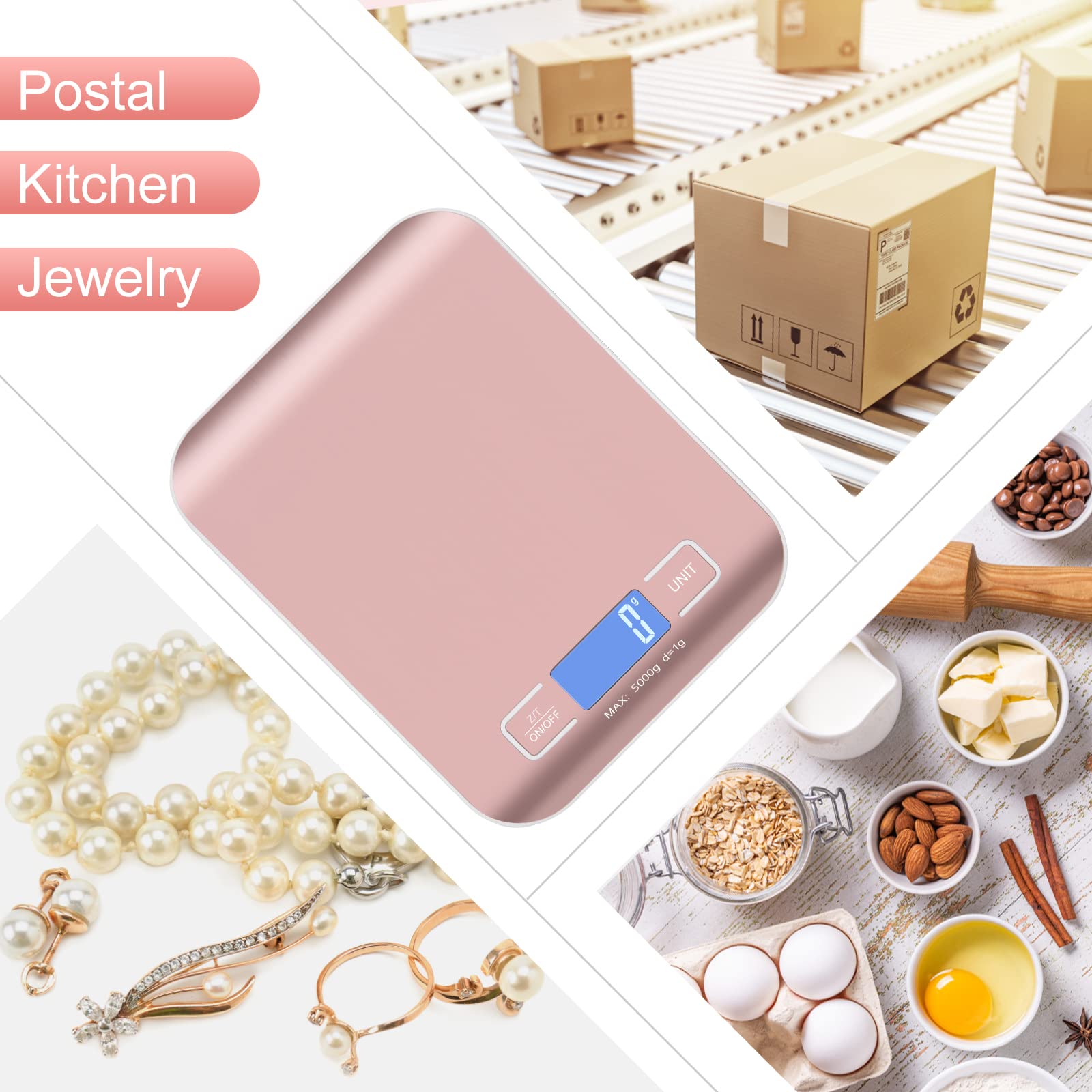 MarFul - Bilancia digitale per spedizioni, bilancia da cucina, pannello in acciaio inox, accurata, 5 kg/1 g, per confezioni, piccole imprese, cucina, cibo, fatto a mano, liquidi e boutique (oro rosa)