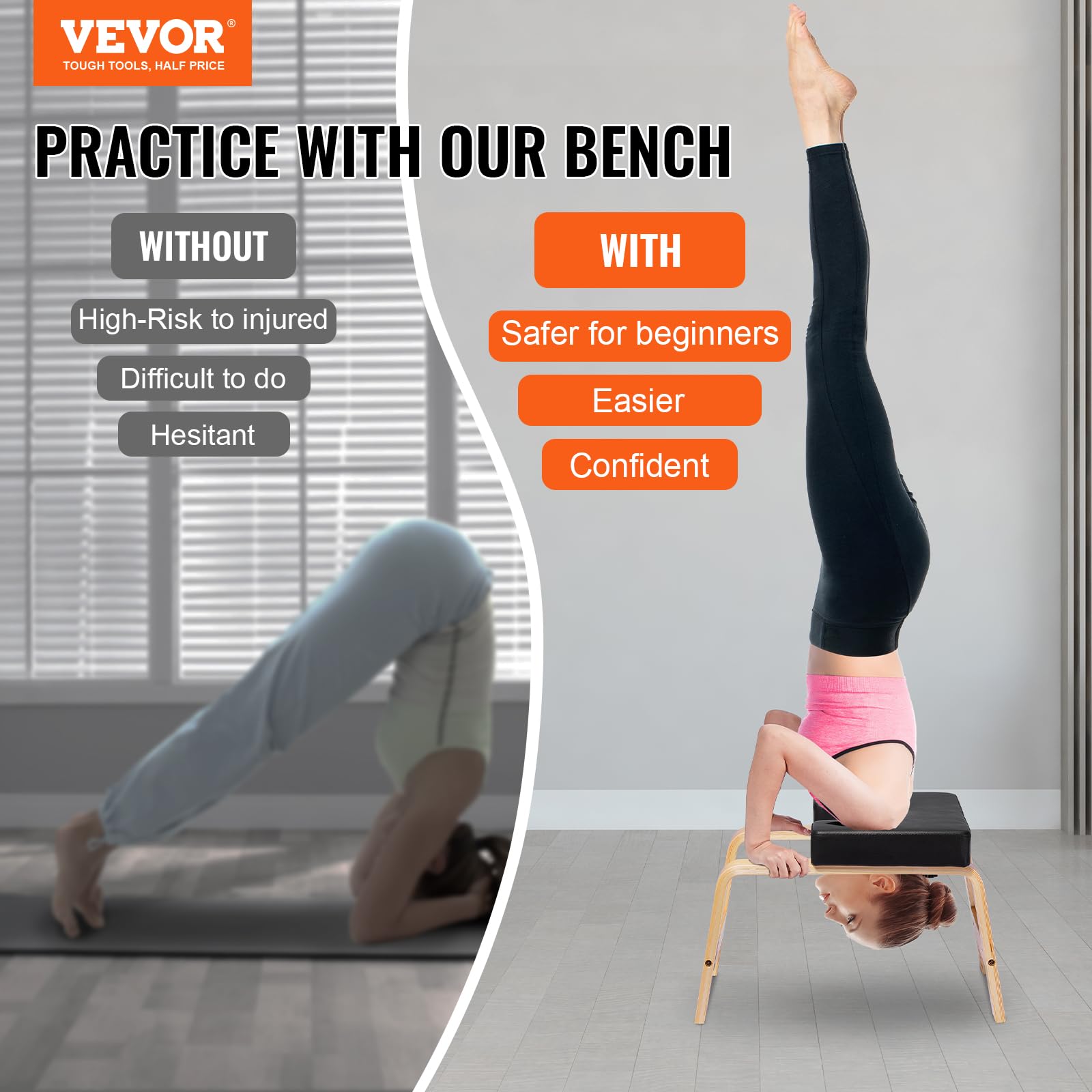 VEVOR Panca per Verticale Yoga Capacità di 136 kg Sedia da Yoga per Inversione per Palestra di Famiglia, Struttura in Legno, Cuscinetto in PU, per Allenamento di Forza Equilibrio, Allevia Fatica, Nero