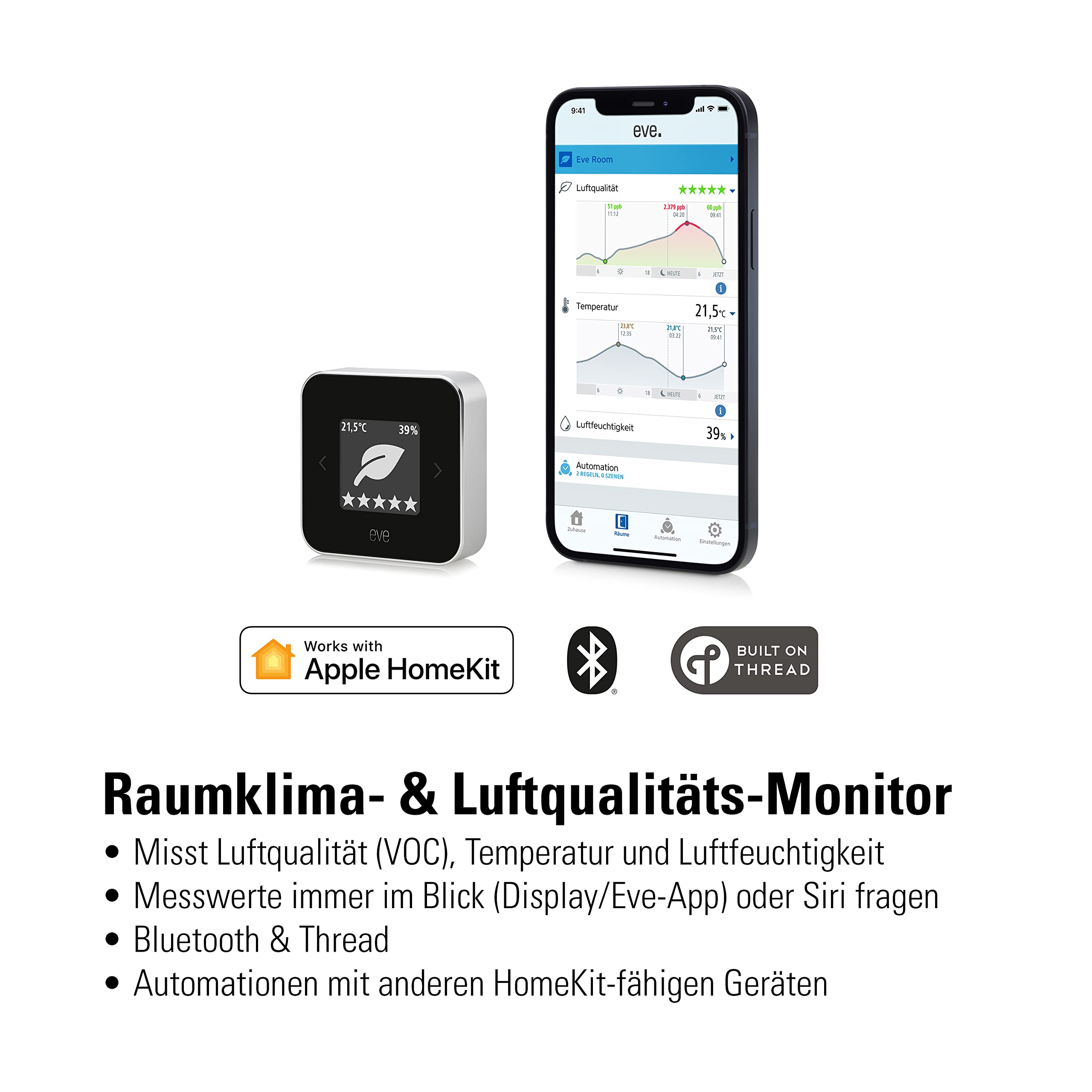 Eve Room Apple Home Raumklima Monitor Luftqualität Schadstoffkonzentration Temperatur Luftfeuchtigkeit Thread