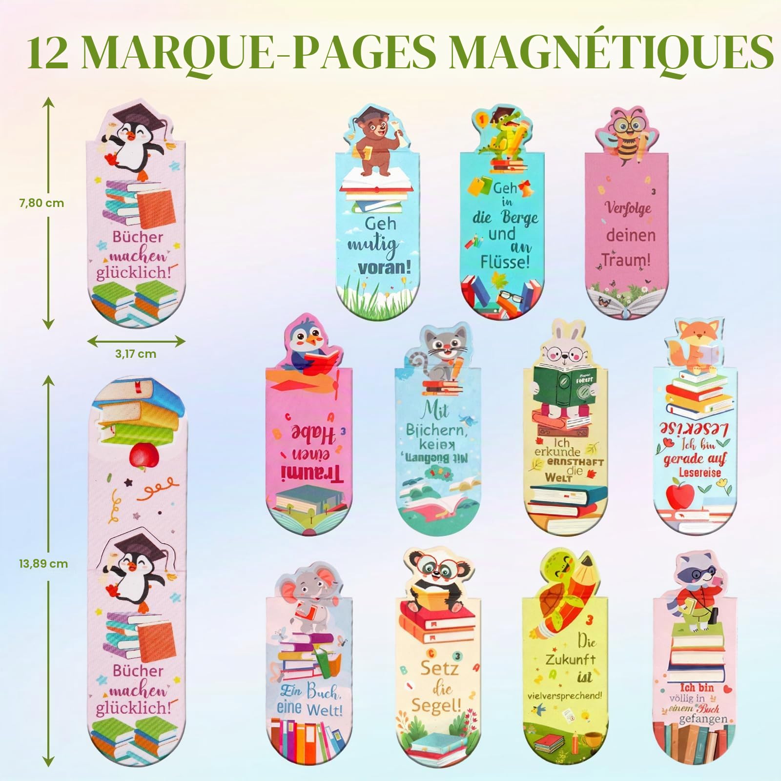 12 Signets Animaux Avec Proverbes Allemands De Lecture, Signets Magnétiques Pour Enfants, Parfaits Pour Cadeaux D'anniversaire, De Fête Et De Calendrier De L'avent
