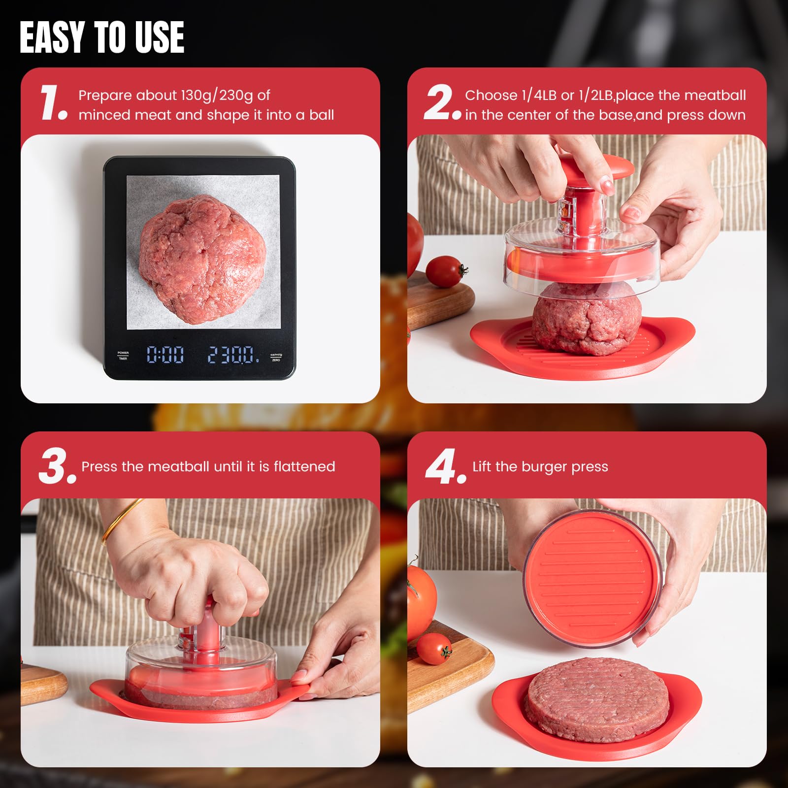 Burger Press, 6.4 inch Round Burger Smasher, 2 in 1 Non-Stick Burger Press Patty Maker for Making 1/2 lb and 1/4 lb BBQ Baking Stuffed Burgers Beef Burger(Red) — view 8