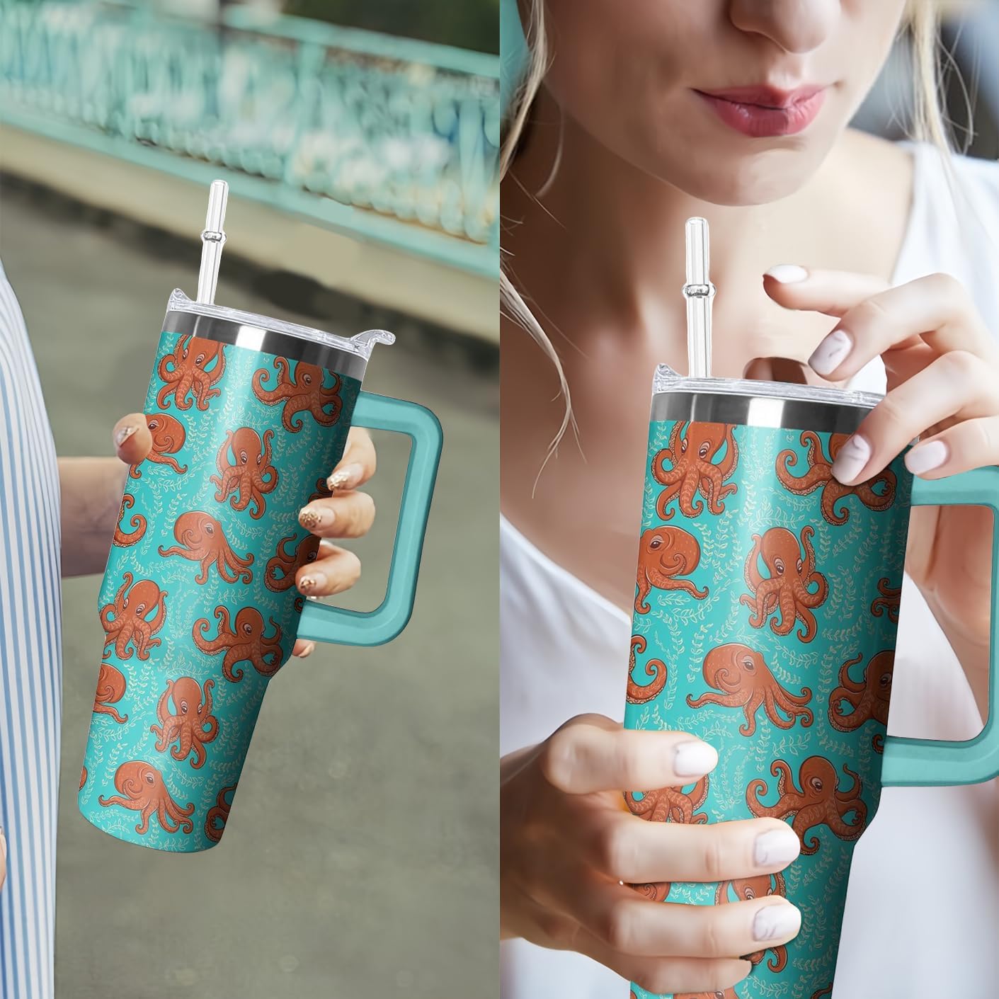 40oz Cute Octopus Tumbler with Handle and Straw, Animal Lovers Gifts for Women Men, Sea Ocean Stainless Steel Travel Mug Water Bottle, Vacuum Insulated Cup with Lid - Image 6