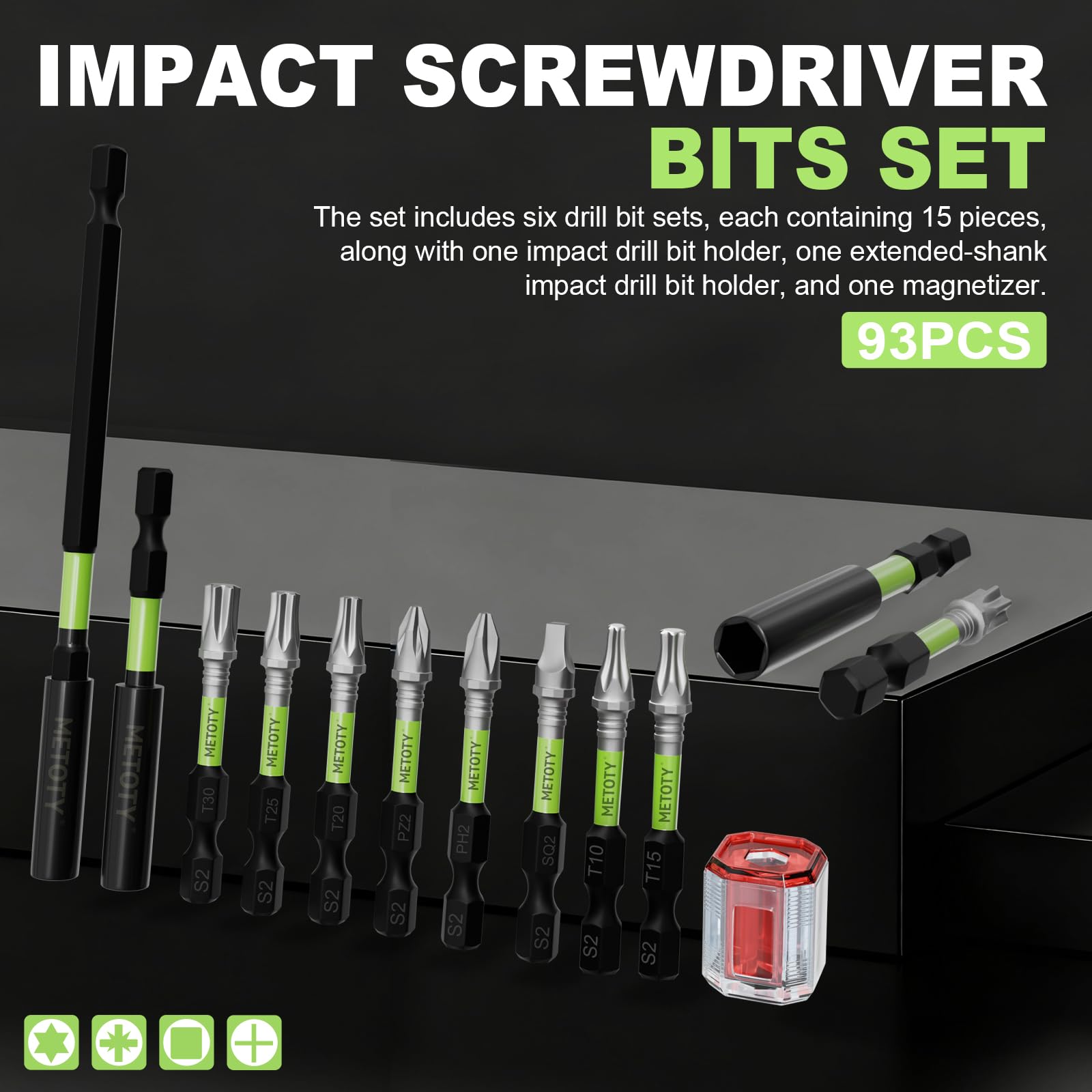 Set di punte per cacciavite a percussione con funzione magnetica, 93 pezzi, include punte da 2" (PH2, PZ2, SQ2, T10, T15, T20, T25, T30) con magnetizzatore e barra di estensione.