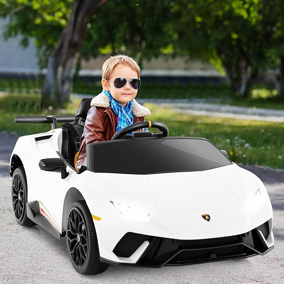 Licensed Lamborghini Huracan Ride on Car by OLAKIDS, 12V Kids Electric Vehicle with Remote Control, Toddlers Battery Powered Toy with 2 Speeds, Wheels Suspension, Music, Bluetooth, USB, FM (White)