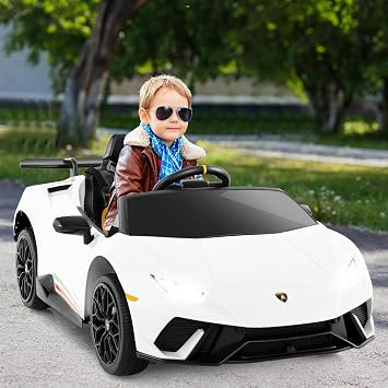 Licensed Lamborghini Huracan Ride on Car by OLAKIDS, 12V Kids Electric Vehicle with Remote Control, Toddlers Battery Powered Toy with 2 Speeds, Wheels Suspension, Music, Bluetooth, USB, FM (White)