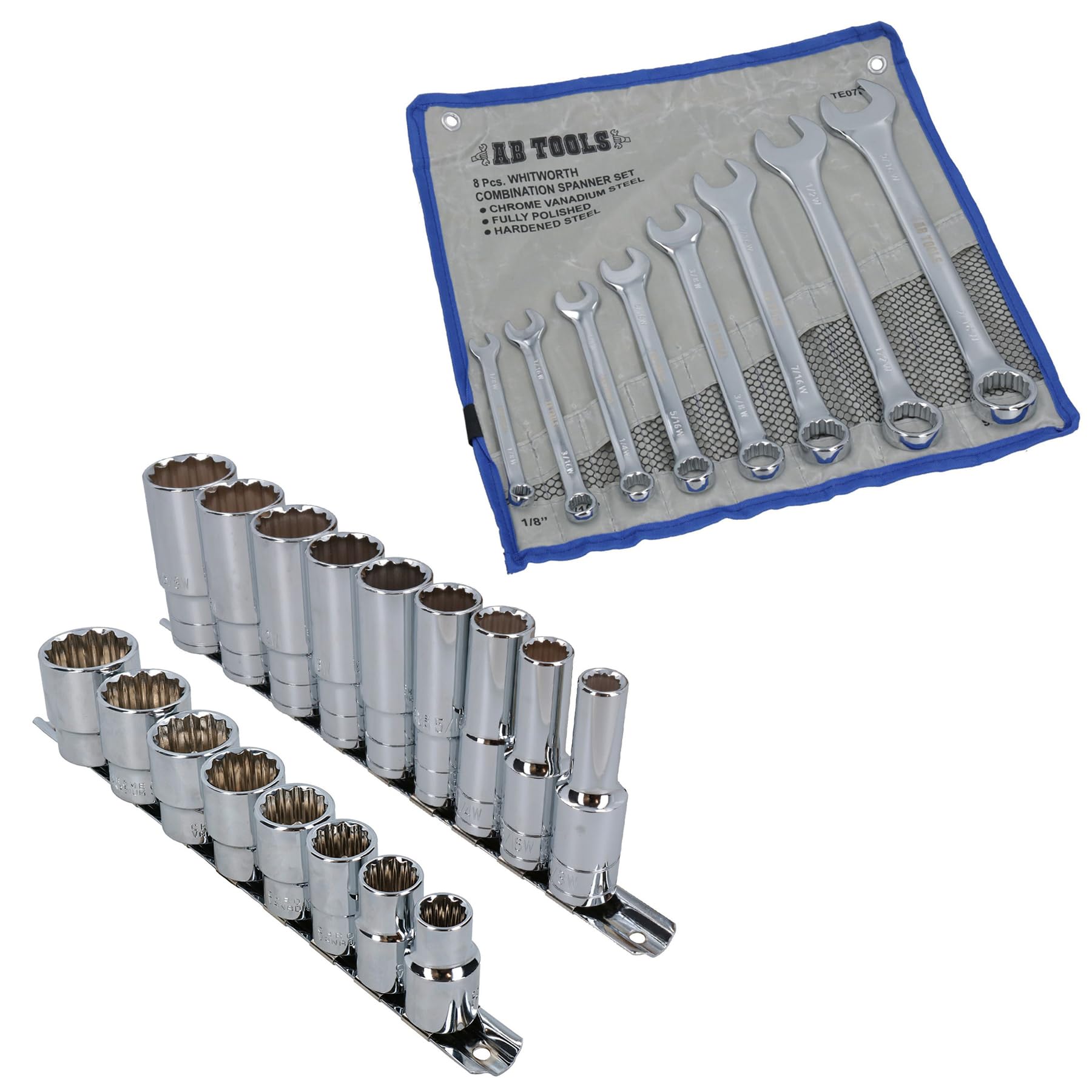 Shallow + Deep Whitworth Sockets 1/2" Drive + BSW Combination Spanners 25pc