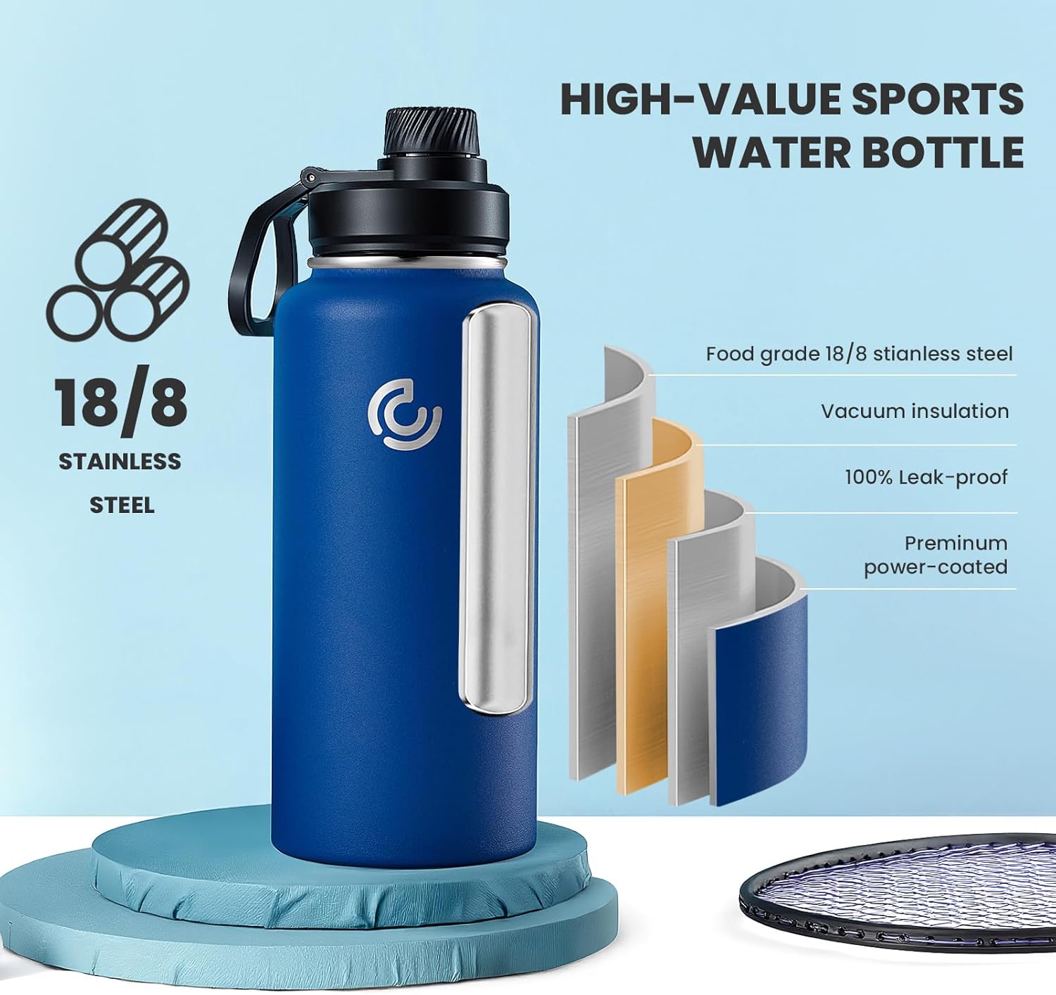 Sports Water Bottle 32oz, Insulated Water Bottle with Handle,Stainless Steel,Simple Modern,Suitable for Travel, School, Boy, Girl(Cobalt) - Image 3
