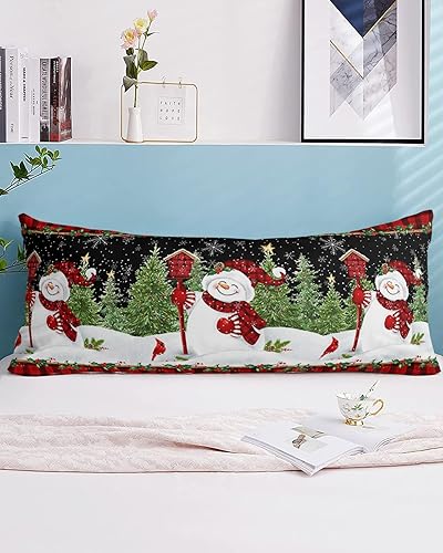 Red Plaid Snowman Christmas Body Pillow Case Cover - Microfiber Bed Throw Pillow Covers, Xmas Tree Snowflake Black Decorative Lumbar Pillow Cover