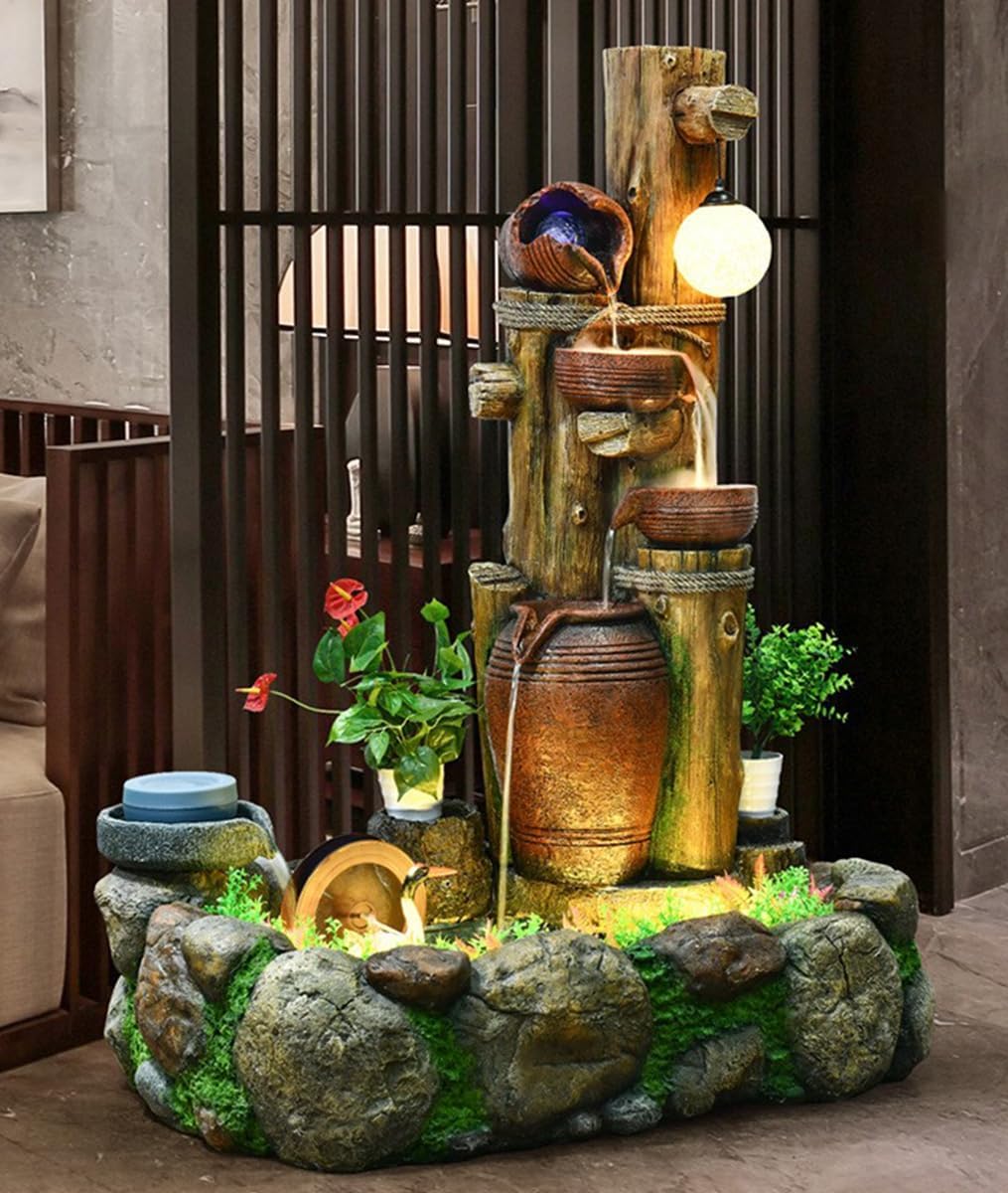 Rustic Rock Water Fountain with LED Lights and Planter Accents – Indoor/Outdoor Cascading Waterfall Feature for Home or Garden Decor(2243)