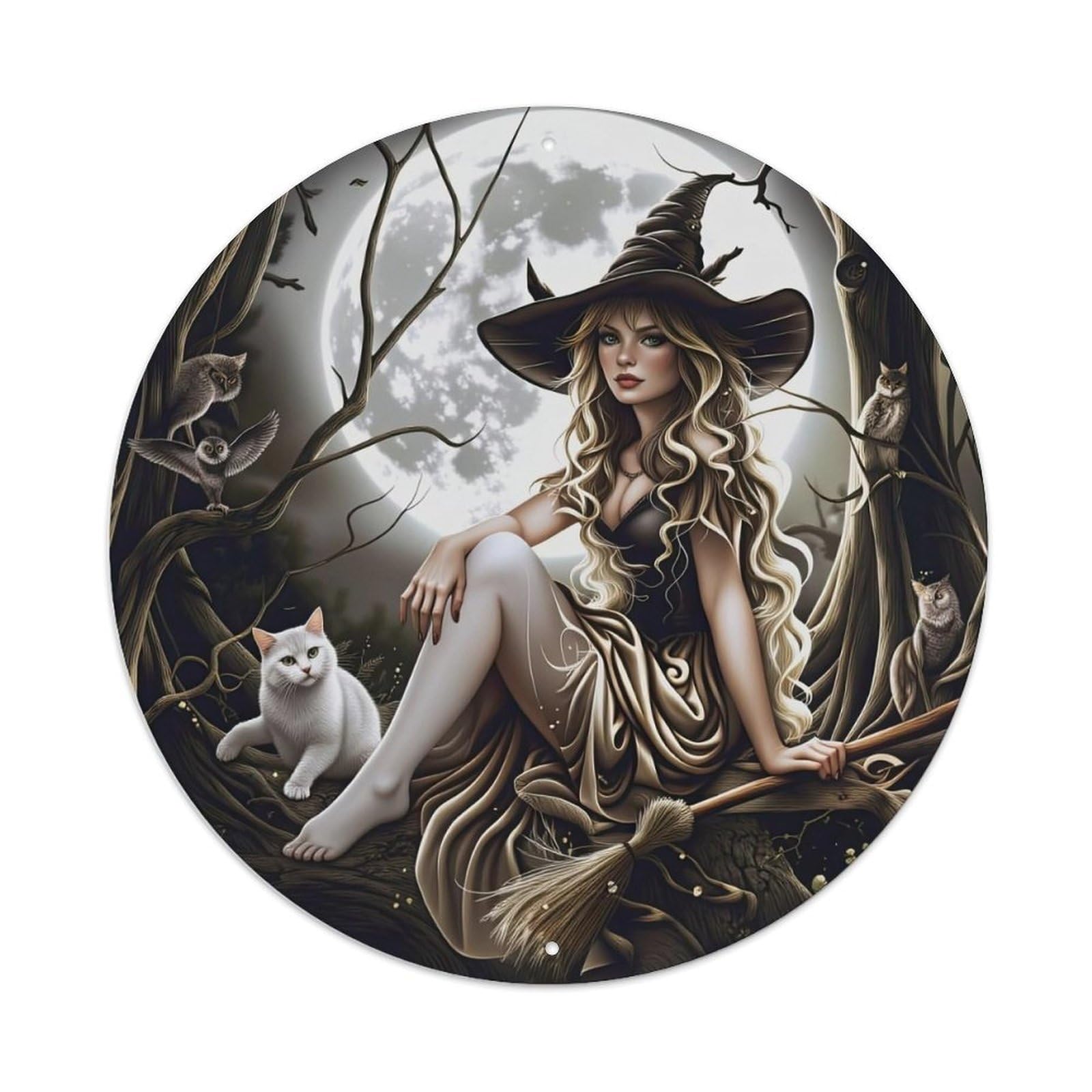 Witch Moon Cat Broom Tree Owl Night Magic Forest Metal Tin Sign