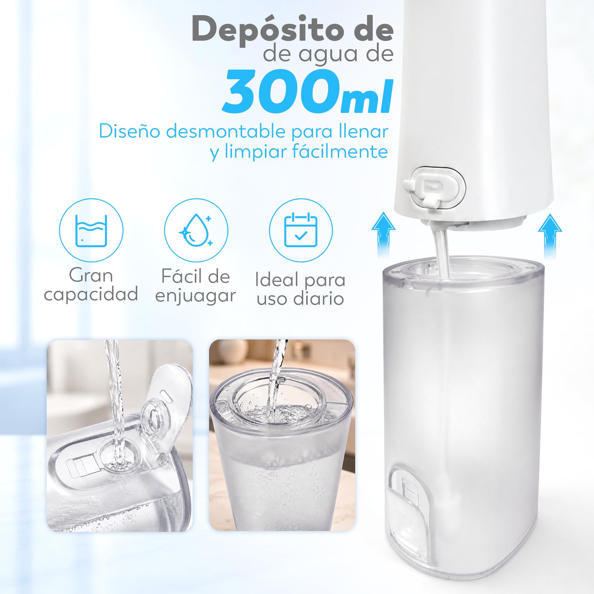 Aquapik Irrigador Dental Portátil, Irrigador Bucal Inalámbrico con 8 Boquillas y 4 Modos, Depósito 300 ml, USB-C Recargable, IPX7, Water Flosser para Brackets, Implantes y Viajes (Blanco)