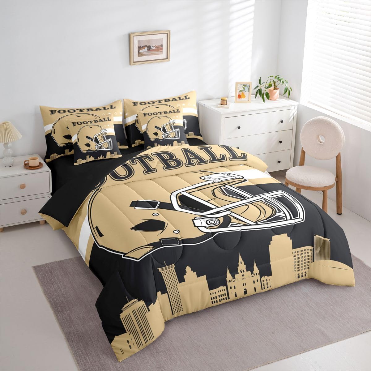 Erosebridal Boys 7 Pcs Bed in A Bag Full Size,Football City 7 Pcs Bedding Set for Football Fans Lovers with Flat and Fitted Sheet for Kids and Adults,Sports Ruby Orange and Teal Room Decor